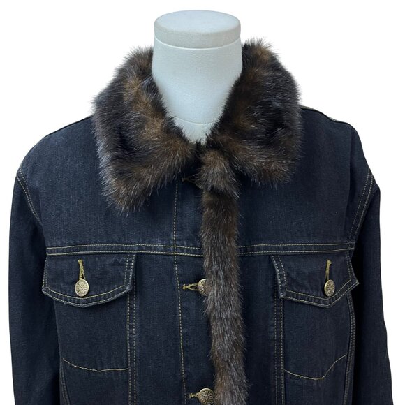 Dennis Basso Denim Jean Jacket With Brown Faux Fur Collar & Cuffs For Women Sz L - Picture 5 of 12